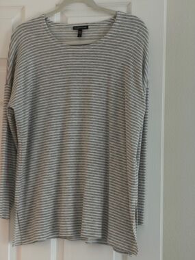 Eileen Fisher Gray & White Striped Long Sleeve Tee